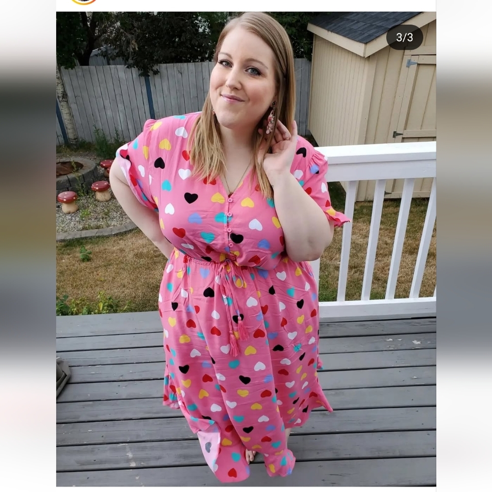 Pink Hearts Frill Dress, Plus Size 18